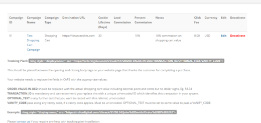 Tracking pixel setup instructions for a shopping cart campaign on ReferDigital
